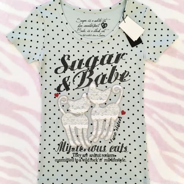 Sugar&Babe 민트도트 레이스 트윈캣 티셔츠 갸루 핀터레스트