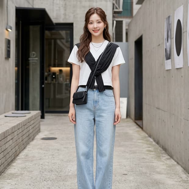 럭키슈에뜨 플리츠 배색 반팔 티셔츠