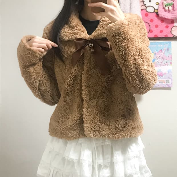 빈티지 라떼 브라운 퍼 리본 보석 코트 자켓 히메갸루 로걀 모리걸 페어리