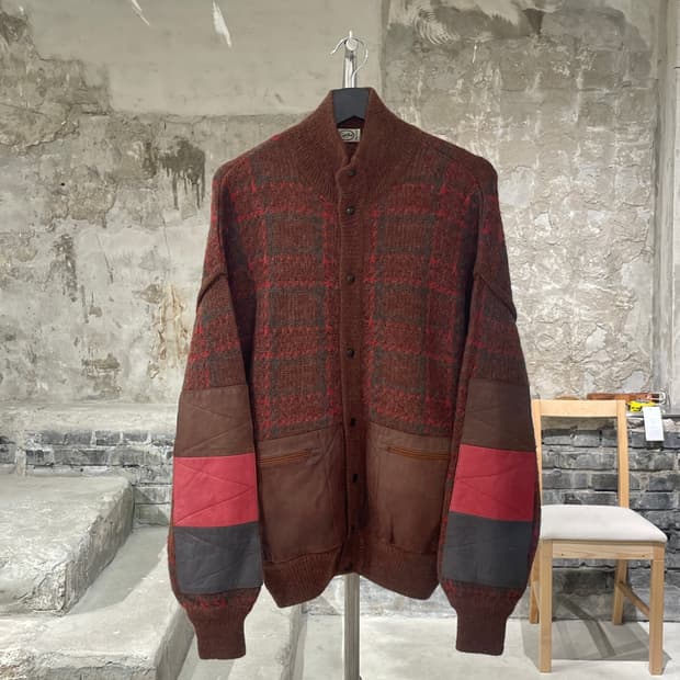빈티지 레드 클레이 레더 패치 체크 울 자켓