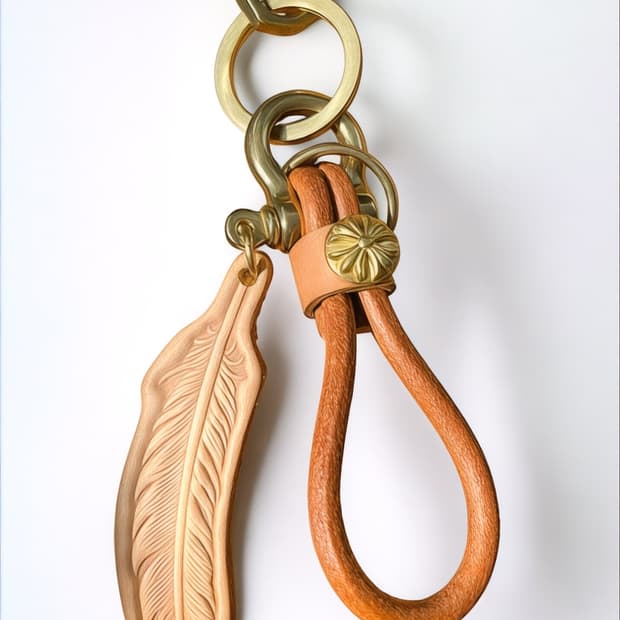 아메카지 레더 키링 세트 / 페더 참 / 브라스 하드웨어