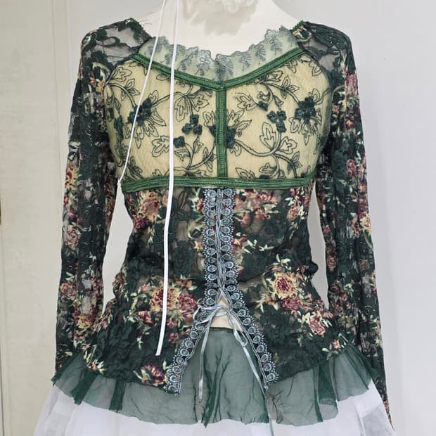 보헤미안 앤틱 로코코 모리걸 코르셋 레이스 블라우스