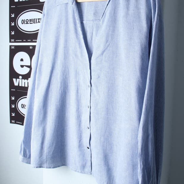W(M-XL) 자라 셔츠 남방 브이넥 연블루 스트라이프 마-H36887