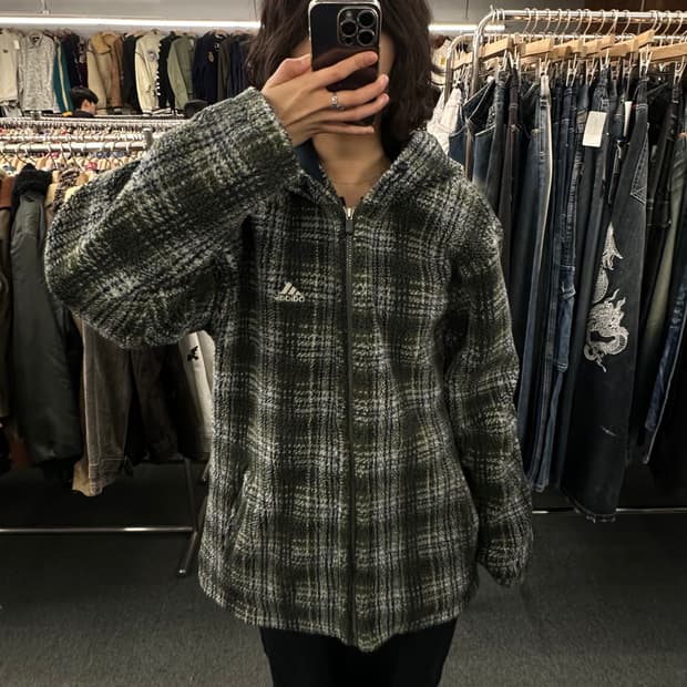 105)90’s 아디다스 빈티지 셰르파 체크 후드 자켓