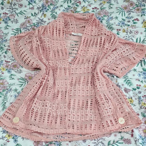 일본빈티지)핑크 레이어드 여름히메갸루 모리걸 펀칭 그물니트 반팔슬리브