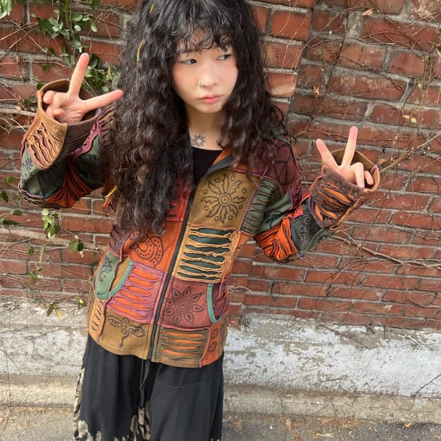 히피 에스닉 패치워크 후드 집업