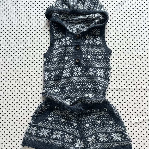 jpn 노르딕 니트 후드조끼 반바지 세트 하구미 스즈코 히피 모리걸