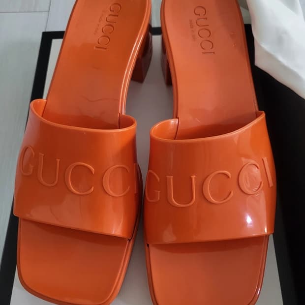 (정품)구찌 젤리 오렌지 뮬 힐 220-230