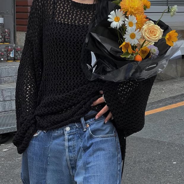 트리밍버드 Boat neck net knit [Black]