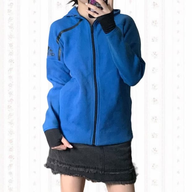 아디다스 블루 후드집업 핸드워머 집업 져지 빈티지