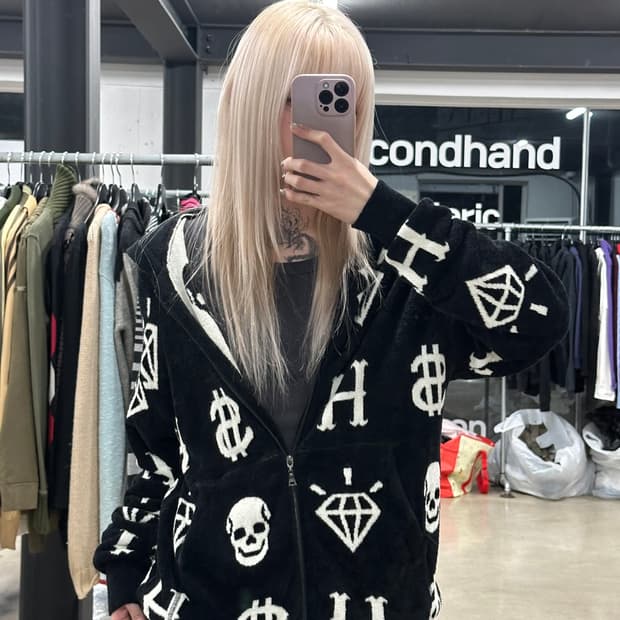 히스테릭 글래머 해골 보석 돈 테리 소재 플리스 후드 집업