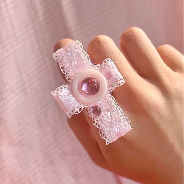 ･:*+. 핸드메이드 레이스 십자가 크로스 핑크 반지