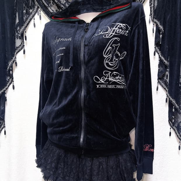 y2k 와투케 고스펑크 벨벳 레터링 후드집업 갸루 핀터 00s 일본빈티지