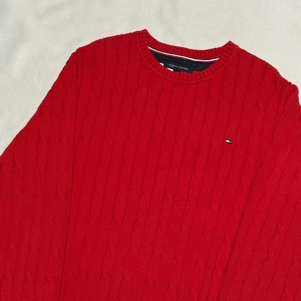 L 타미힐피거 코튼 케이블 라운드넥 레드 니트