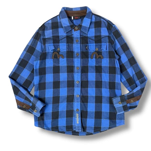 에비수 블루블랙 글리터 체크 투포켓 자수 긴팔 셔츠 M