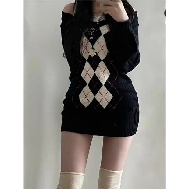 사카타빈티지 아가일 니트 원피스