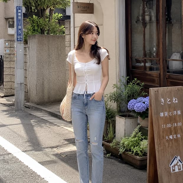 라이트 워싱 디스트로이드 데님팬츠 (28) 키작녀데님팬츠