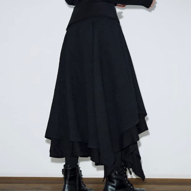 (새상품) 헬레네 파리스 크리즈 레이어드 언벨런스 롱 스커트 [블랙]