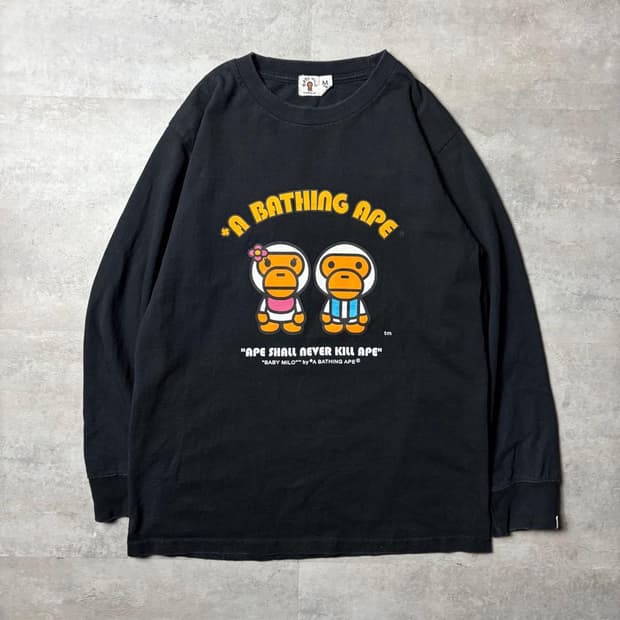  베이프 베이비 마일로 듀얼 캐릭터 롱슬리브 티셔츠 블랙