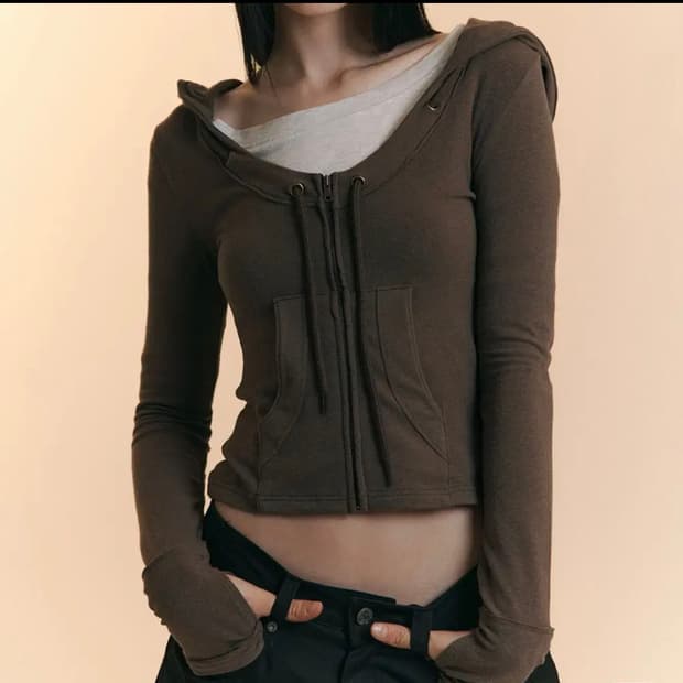 플리즈노팔로우 Glen Deep U-neck Hoodie (Khaki)