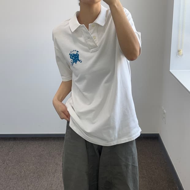Polo 폴로 블루 로고 아이보리 카라 반팔티