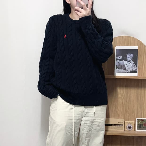 [정품] 폴로 블랙 / 레드포니 꽈배기 라운드 니트 [ L ]
