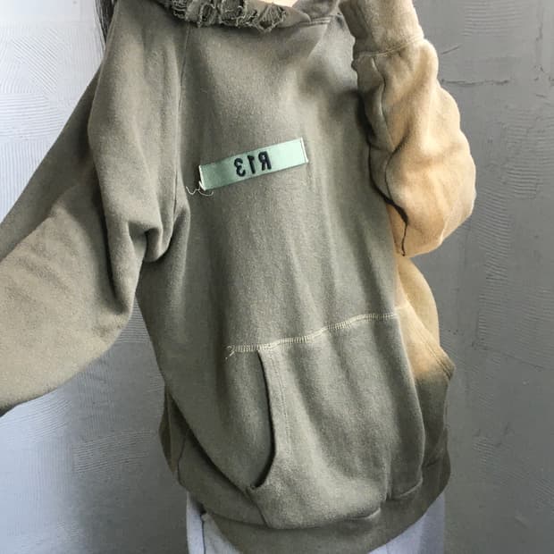 R13 올리브 카키 데미지 후드 스웻셔츠 