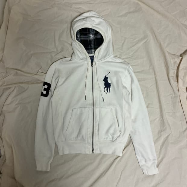 폴로 빅포니 체크 후드집업 화이트 S