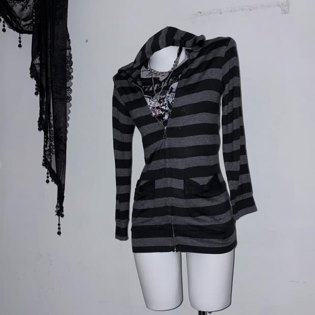 그레이 무채색 빅 스트라이프 원피스 후드집업 너드 도쿄 펑크 00s 