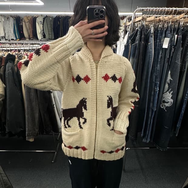 OS)60’s 빈티지 헤비 울 말 패턴 코위찬 가디건