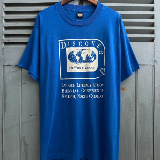 [XL]90's USA 빈티지 블루 글로브 프린팅 티셔츠