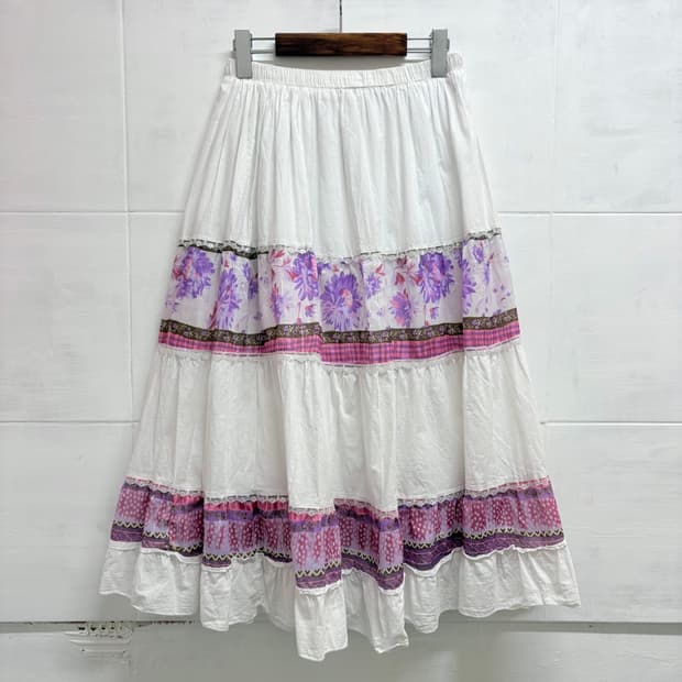화이트 퍼플 패치워크 캉캉 히피 레이스 롱 스커트 JPN