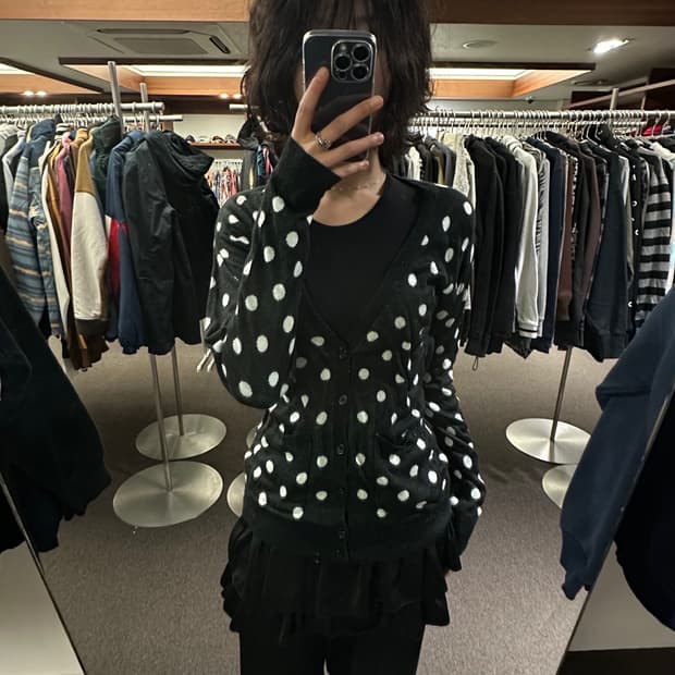 L)BROWNY 빈티지 여성 블랙 도트 브이넥 니트 가디건