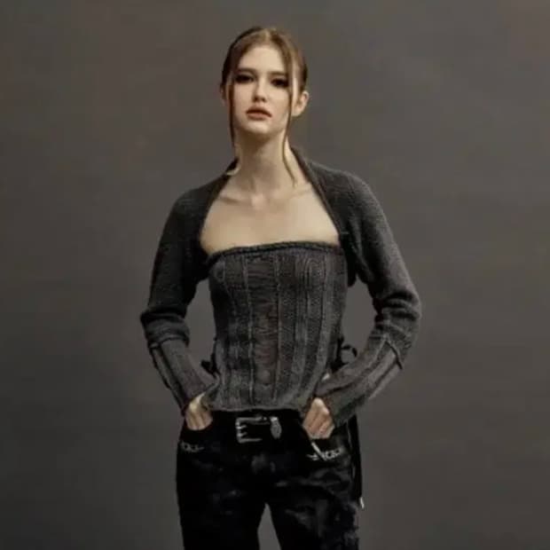 쓰리타임즈 코튼 리본 볼레로 세트 차콜