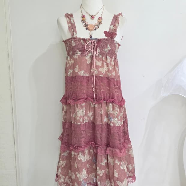 엑시즈팜 일본빈티지)버터플라이 로즈핑크 캉캉패치워크 슬리브리스원피스롱치마