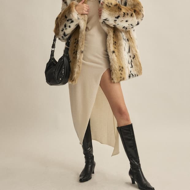 쓰리타임즈 faux leopard fur coat