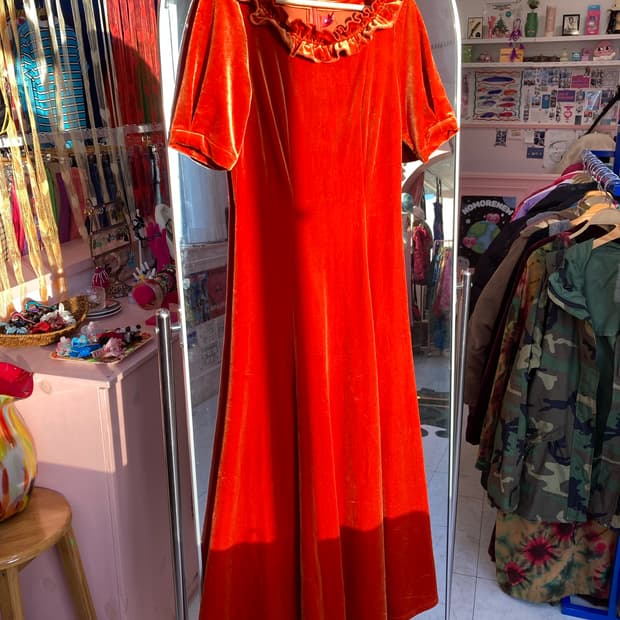 오렌지 벨벳 레이스 롱 원피스