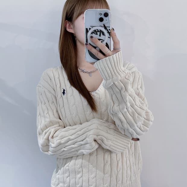 폴로랄프로렌 크림 브이넥 케이블 니트