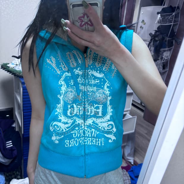 빈티지 와투케 y2k 갸루 큐빅 글리터 후드 집업 조끼 나시