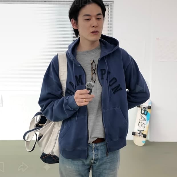 챔피온 김원중 아치 로고 루즈핏 가먼트다잉 후드 집업 블루 L 사이즈