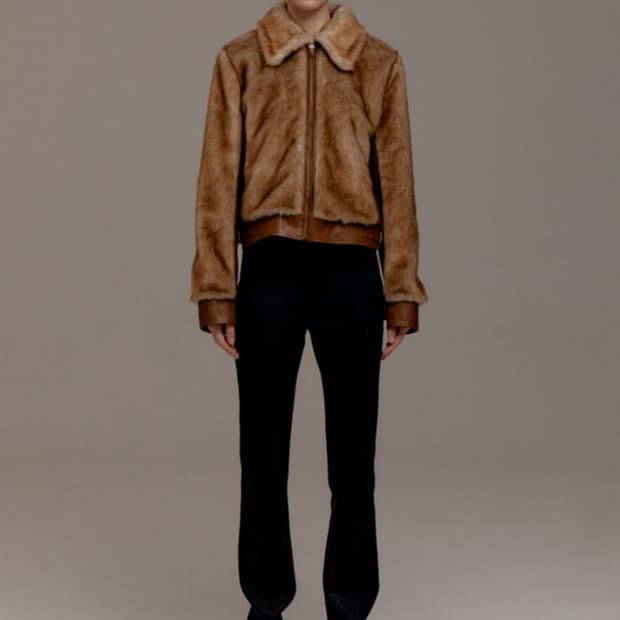 (새상품)르비에르 페이크 레더 퍼 자켓 S 카멜