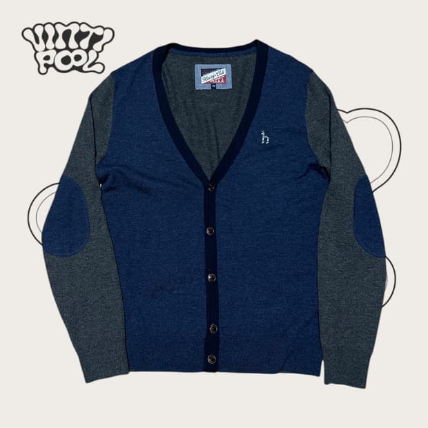헤지스 클럽 배색 패치 wool100% 가디건 L 네이비