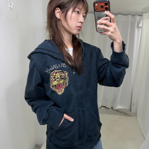 에드 하디 오리엔탈 호랑이 프린팅 그런지 후드집업