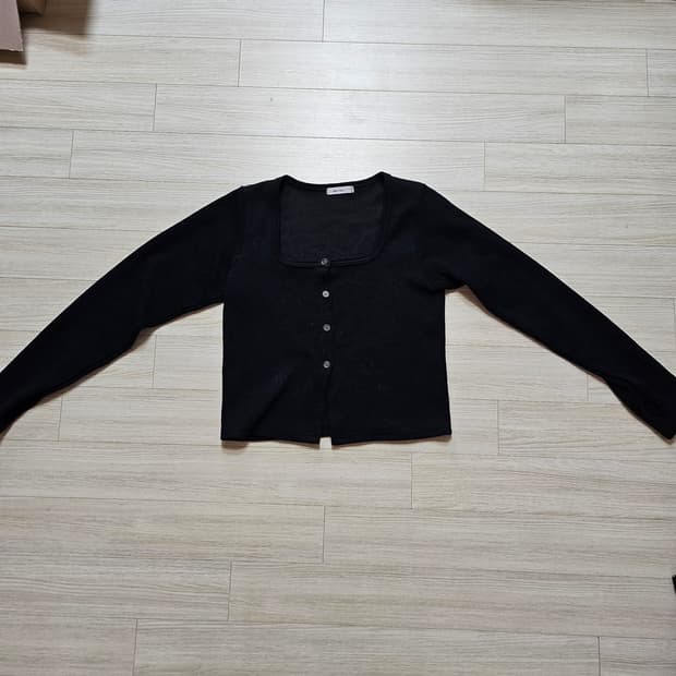 블랙 골지 핸드워머 U넥 가디건