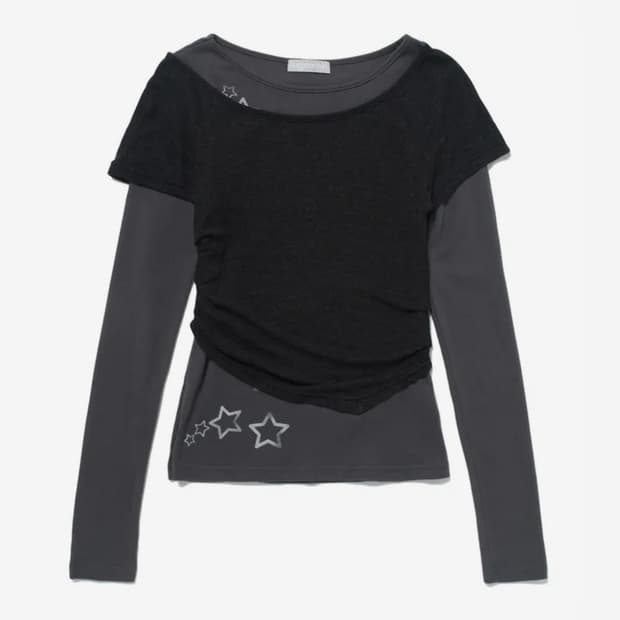 [새상품] 허그유어스킨 레이어드 스타 티셔츠 차콜