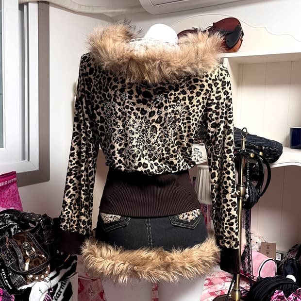 오네 B갸루 레오파드 퍼 트리밍 큐빅 후드집업 빈티지 00s 핀터깔y2k