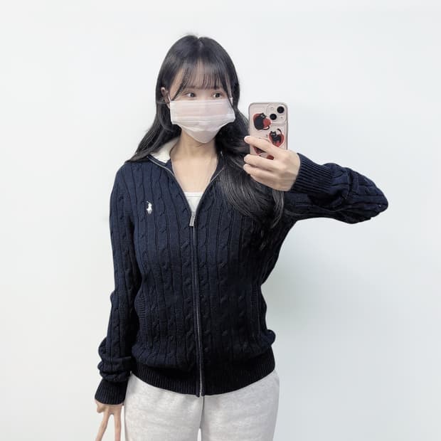 폴로 랄프로렌 포니 로고 케이블 니트 집업 네이비