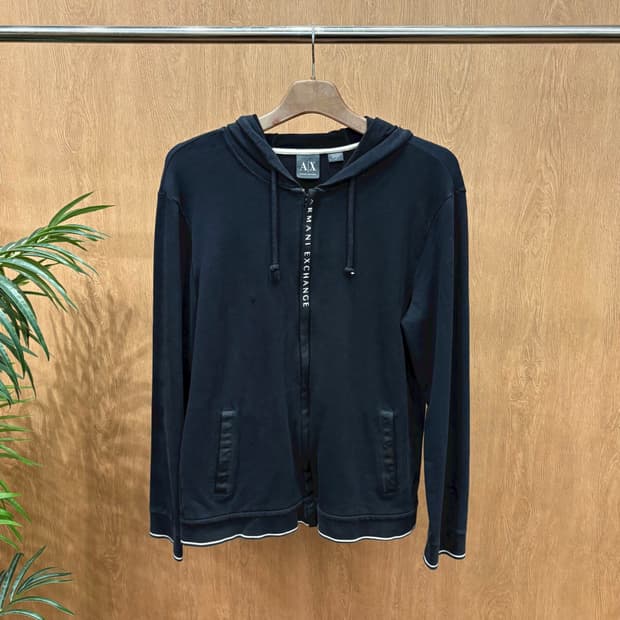 아르마니 익스체인지 긴팔 후드 집업 로고 프린팅 플래킷 디테일 블랙