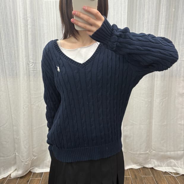 폴로 랄프로렌 네이비 브이넥 케이블 니트