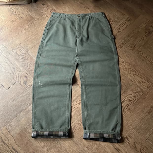 [38]칼하트 USA 체크 라이닝 모스그린 싱글니 카펜터 워크 팬츠